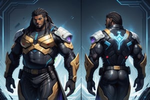 1 boy. multiple views. A tall, burly, thick, stocky, stout, musclebound, masculine, (very dark-skinned, black male). He has long, mighty, black, dreadlocks, wears a long, violet, gold, & black surcoat over his cybersuit. The (very dark-skinned, african-american) man strides, He is ((fat, musclebound)), with beautiful dark, wide, warm, determined, Nubian face, musclegut, TronFashion, ,patternbodysuit, bodysuit,massive pecs, massive muscular body ,Expressiveh,Strong Backlit Particles,Cyberpunk, ,best quality
