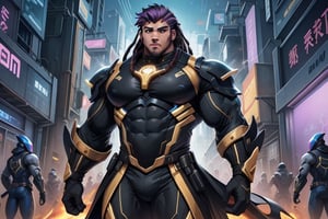 1 boy. multiple views. A tall, burly, thick, stocky, stout, musclebound, masculine, (very dark-skinned, black male). He has long, mighty, black, dreadlocks, wears a long, violet, gold, & black surcoat over his cybersuit. The (very dark-skinned, african-american) man strides, He is ((fat, musclebound)), with beautiful dark, wide, warm, determined, Nubian face, musclegut, TronFashion, ,patternbodysuit, bodysuit,massive pecs, massive muscular body ,Expressiveh,Strong Backlit Particles,Cyberpunk, ,best quality, masterpiece