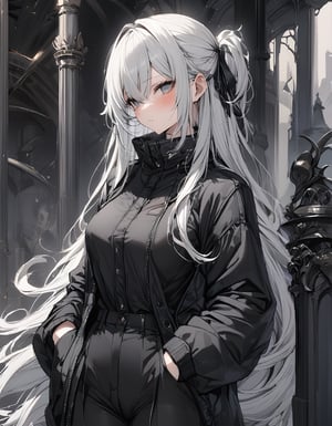 1girl, solo, sideswept hair, long hair, white hair, black puffer jacket, black suit pants, claraval, extreme detailed, (masterpiece),claraval