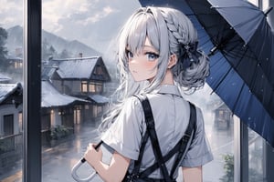 Extreme detailed, (masterful), 1girl, solo, claraval school uniform, short sleeves, turning back, looking at viewer, backview, (umbrella), BREAK raining, outdoors, houses