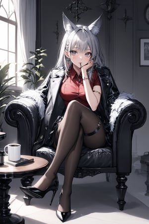 Extreme detailed, (masterful), 1girl, solo, looking at viewer, hand on own face, head rest, hand on own cheek, skirt, shirt, jewelry, sitting, jacket, earrings, necklace, black footwear, high heels, black jacket, crossed legs, cross, red shirt, jacket on shoulders, thighs, pantyhose, thigh strap, mouth hold, wolf ears, crossed legs, black pantyhose, armlet, indoors, cup, book, window, chair, table, plant, couch, mug, coffee mug, claraval