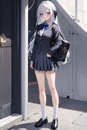 Extreme detailed, (masterful), 1girl, solo, school uniform, standing, white socks, loafers, claraval