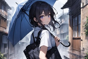 Extreme detailed, (masterful), 1girl, solo, school uniform, short sleeves, turning back, looking at viewer, backview, umbrella, BREAK raining, outdoors, houses