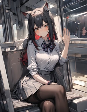 1girl, texas \(arknights\), arknights, bangs, black hair, animal ears, brown eyes, animal ear fluff, wolf ears, red hair, two-tone hair, skirt, shirt, long sleeves, bow, sitting, closed mouth, school uniform, white shirt, pantyhose, thighs, pleated skirt, striped, collared shirt, bowtie, skirt, legs, black pantyhose, scrunchie, crossed legs, bow, sleeves rolled up, thighband pantyhose, striped bow, wrist scrunchie, waving, striped bowtie, train interior, extreme detailed, (masterpiece)