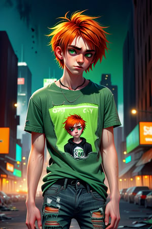 cute boy, (1boy), 16yo, ((full body)), (disheveled hair), green eyes, short hair, torn t-shirt, torn jeans, emo, orange hair highlights, vibrant colors, masterpiece, sharp focus, best quality, deep depth of field, up lighting, (8k, extremely detailed), detailed city background, realistic, sexy, hairy, enby