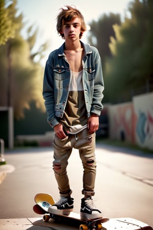 portrait of a young teenage male skateboarder, full body, slender, relaxed pose, angled pose, loose clothing, skatepark background, serious expression, short blonde hair, buzzed hair, fade hair, tan skin, open graphic jacket, oversized jacket, ((shirtless)), sagging pants, ripped denim pants, underwear band, athletic_shoes, best quality, happy trail,1boy, evening, night lighting, moody atmosphere, forward shadow, best quality, crotch_bulge, skatepark, realistic, Masterpiece, more detail XL:0.5