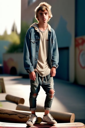 portrait of a young teenage male skateboarder, full body, slender, relaxed pose, angled pose, loose clothing, skatepark background, serious expression, short blonde hair, buzzed hair, fade hair, tan skin, open graphic jacket, oversized jacket, shirtless, sagging pants, ripped denim pants, underwear band, athletic underwear band, graphic underwear band, athletic_shoes, best quality, happy trail,1boy, evening, night lighting, moody atmosphere, forward shadow, best quality, crotch_bulge, skatepark, realistic, Masterpiece