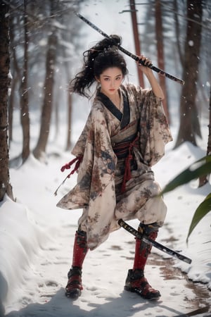 1girl,Sweet,Brigitte Lin, (((full body))) ,large breasts,The background is winter,snowy garden,beautiful girl,Female Samurai, Holding a Japanese Sword, shining bracelet,beautiful hanfu(white, transparent),cape, solo, {beautiful and detailed eyes}, calm expression, natural and soft light, delicate facial features,very small earrings, ((model pose)), Glamor body type, (dark hair:1.2),  beehive,long ponytail,very_long_hair, hair past hip, curly hair, flim grain, realhands, masterpiece, Best Quality, photorealistic, ultra-detailed, finely detailed, high resolution, perfect dynamic composition, beautiful detailed eyes, eye smile, ((nervous and embarrassed)), sharp-focus, full_body, sexy pose,cowboy_shot,Samurai girl,glowing forehead,lighting, Japanese Samurai Sword (Katana),Brigitte01, Taiwan girl