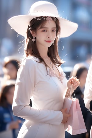 background is runway, pink color background,
18 yo, 1 girl, beautiful korean girl,wearing tight white dress(long sleeves),long white lady hat,holding shopping bag,happy smile, solo, {beautiful and detailed eyes}, dark eyes, calm expression, delicate facial features, ((model pose)), Glamor body type, (dark hair:1.2), simple tiny earrings, simple tiny necklace,bangs, flim grain, realhands, masterpiece, Best Quality, 16k, photorealistic, ultra-detailed, finely detailed, high resolution, perfect dynamic composition, beautiful detailed eyes, eye smile, ((nervous and embarrassed)), sharp-focus, ((full_body)), cowboy_shot,Ji-hyo, Kgirl01