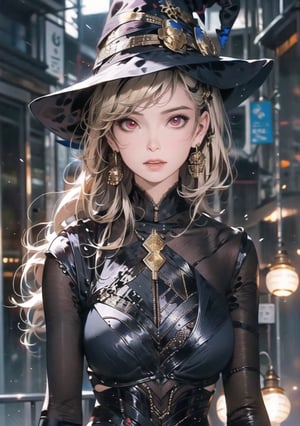Vivian Chow2, Red eyes, evil, golden, shiny, gold hair,High detailed ,midjourney,perfecteyes,Color magic,urban techwear,hmochako,better witch,witch, witch,Long hair,horror (theme),