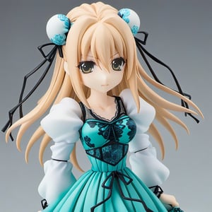 1girl,Nendoroid,masterpiece,best quality,solo,very aesthetic,absurdres,simple background,white background,full body, (detailed beautiful eyes:1.2),(beautiful face:1.2),Hanamatsuri Karin,aqua dress,double bun with black ribbon,white sleeves,black ribbon on the waist,aqua ribbon on the chest,flower print on the chest,lace trim,frills, 