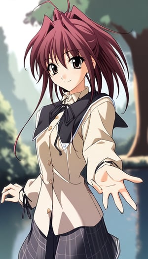 1girl,
miyabi,memories off 4,long sleeves hamasaki uniform,longmiyabi,
upper body,solo,looking at viewer,smile,looking at viewer,river, tree, forest,outstretched hand,
masterpiece,best quality,absurdres,safe,