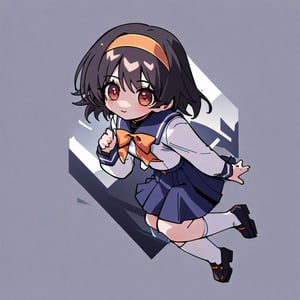 1girl,
yumenouchi chiharu, 
Rabbit Hole,
yue, long sleeves sumisora uniform, longyue,solo, smile,looking at viewer,chibi,full_body, no nose,white socks,lofers,orange hairband,
masterpiece, newest,best quality, very aesthetic, absurdres, safe, 