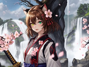 best quality, masterpiece,cat girl, white samurai suit is gorgeous and fussy clothes, katana in left side,cat lingerie,brown hair,right eye's color is yellow, left eye's color is green,right pupil's color is yellow, left pupil's color is green,miya,beautiful detailed eyes,mountians and waterfall,8k,atmospheric,cinematic,cherry blossom trees in the background with floating cherry blossom petals,landscape,depth of field,blurry background,bokeh:1.2,by Studio Ghibli , brown cat ears, whisker markings,Hair sideburns covering ear,Hair completely covering ear,Oichi,headband is red,headband fabric and gorgeous,headband extremely delicate and beautiful,headband is Japanese style pattern