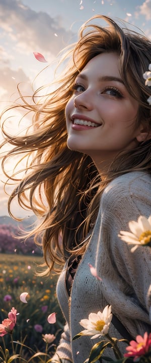 detailed intricate image of a beautiful woman walking in a field of colorful flowers, wide-angle viewed from below, epic sky background, smile, long flowy hair blowing in the wind, flower petals blowing in the wind, 8kUHD,  ultradetailed ultrarealistic face, sharp focus on face, bokeh, john singer Sargent style ,bzhw