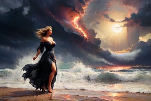 by John Maler Collier styel,  neoclassicism, 8k, Hell , Paradise (Paradiso), Heavy rain, lightning, black clouds, smoke, storm, volcano, sea, waves, turbulent waves, roar, A beautiful woman wearing a veil flies across the sky with the wind on a cloud, Walking at the beach, stepping on the sand with a woman's feet. (walk in high heels)
blonde hair,Gold moon:1.1,full body, A beautiful woman wearing a long and long veil flies across the sky with the wind on a cloud, Neoclassical, realist, cinematic, epic,photo r3al,skirtlift, sunset, side at view,(( very huge and Bigger breasts:1.6)),(pussy partially visible through dress opening:1.5),(exposed breasts:1.9)