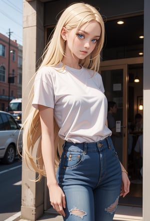 masterpiece, high quality, long hair, blonde hair,  blue eyes, petite,   wearing short jeans and shirts, 