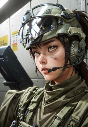 blasco, yellow eyes, dirty face, helmet, goggles on helmet, headset, ponytail, military clothes, bulletproof vest, shoulder pads, looking at viewer, serious, close up, inside, garage, bright lighting, high quality, masterpiece, ,Blasco