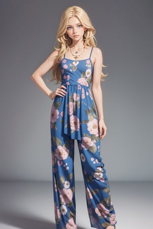 masterpiece, high quality, long hair, blonde hair,  blue eyes, petite,  dr3ss, wearing dress, (pants), necklace, wearing ((floral print)) dress, 