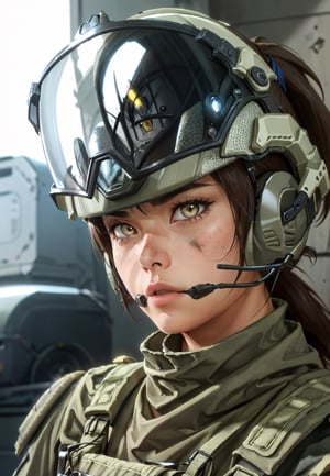 blasco, yellow eyes, dirty face, helmet, goggles on helmet, headset, ponytail, military clothes, bulletproof vest, shoulder pads, looking at viewer, serious, close up, inside, garage, bright lighting, high quality, masterpiece, ,Blasco
