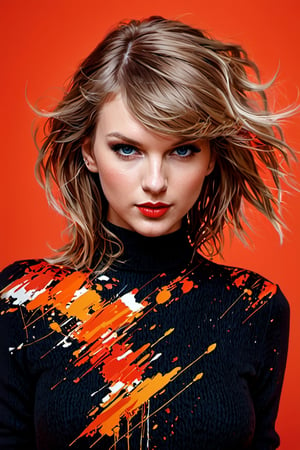 Please generate, abstract beauty Fantomas of young"Taylor swift", looking into the camera, approaching perfection, dynamic, red black and orange colors, highly detailed, digital painting, artstation, concept art, sharp focus, illustration, art by Carne Griffiths and Vadim Kashin