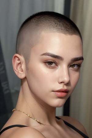 The fashion supermodel with a Buzz cut hair style , looking to the camera with a strong gaze. Captured in the style of a hair style fashion magazine cover, close up focusing on the model's hair style --style raw,(in the studio),stunning pose