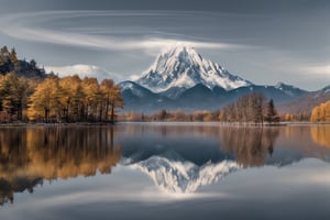 The clear crystal serene lake surround by maple trees in autumn. The long exposure captures a movement of clouds around the mountain peak. In the background is the majestic mountain range. Captured in the style of seasonal photograph by using high definition camera, (high speed shutter with long exposure), contrast and blending the colors together --style raw --v 6.0 --ar 1:1 ,Nature