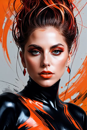 Please generate, abstract beauty Fantomas of "Lady Gaga", looking into the camera, approaching perfection, dynamic, red black and orange colors, highly detailed, digital painting, artstation, concept art, sharp focus, illustration, art by Carne Griffiths and Vadim Kashin