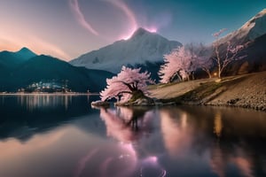 The cherry blossom on the rock in the middle of lake in springs. The long exposure captures a winding and falling petals. In the background is the clear crystal lake in front of the majestic mountain range. Captured in the style of seasonal photograph by using high definition camera, high speed shutter with long exposure, contrast and blending the colors together --style raw --v 6.0,Nature