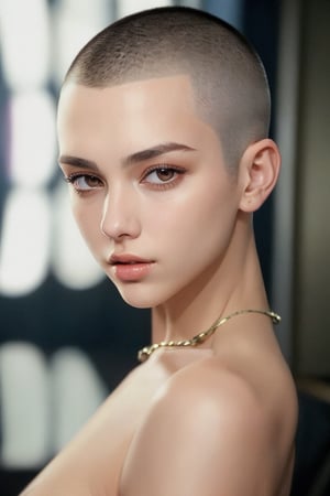 The fashion supermodel with a Buzz cut hair style looking to the camera with a strong gaze. Captured in the style of a hair style fashion magazine cover, focusing on the model's hair style --style raw , in the studio