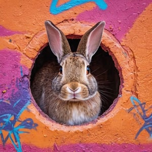 a rabbit looking at you through the hole it chewed in the Colorful Graffiti Wall Art Background Street.