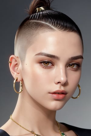 The fashion supermodel with a Buzz cut hair style looking to the camera with a strong gaze. Captured in the style of a hair style fashion magazine cover, close up focusing on the model's hair style --style raw , in the studio,big modern ear rings.