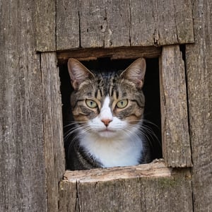 a cat looking at you through the hole it chewed in the barn house wall.