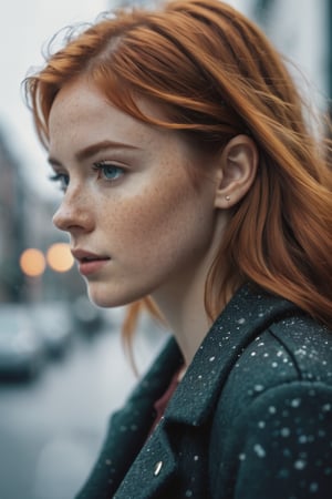 cinematic photo (art by Mathias Goeritz:0.9) , photograph,Unintentional side view ,Lush Girlfriend, Tax collector, Rich ginger hair, Winter, tilt shift, Horror, specular lighting, film grain, Samsung Galaxy, F/5, (cinematic still:1.2), freckles . 35mm photograph, film, bokeh, professional, 4k, highly detailed 
