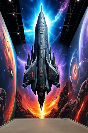 A mural depicting a hightech space ship wrapped with blasphemy design is appearing in the galaxy, from a magnificent slit of the subspace. The space ship is a masterpiece of the chaos and alien, carved with symbols of evil, ek_game_3ffect