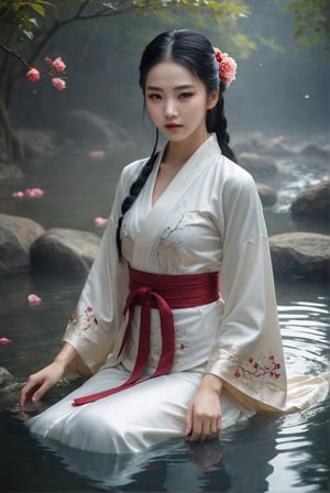 a poetic foggy wonderland scene in the night, look away from camera, perfect v-shaped face, hyperrealistic:1.33, a young spirit, a 15-years-old astonishingly gorgeous concubine swimming ((in a hot spring):1.4), dressed in white ((soaking wet hanfu):1.3), intricated black embroidery in exquisite pattern, (ethereal glamorous beautiful face):1.2, long hair, perfect model body, slender body, smiles captatively, (bright eyes):1.5, (profound facial features):1.32, translucent appearance, Chinese girl, concept art style, (surrounded by rose petals):1.4, her tight clothing highlight her (plump bust):2.4