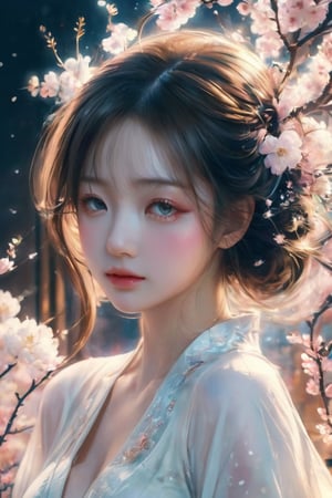 xxmix_girl, close-up with aerial view, looking up, sitting pose, masterpiece, extremely high resolution, photorealistic, Rococo oil painting, Rembrandt lighting, a 17-years-old ethereal breathtaking beautiful Yukime, a Japanese girl wearing sumptuous furisode, pronounced facial features, ethereal glamorous beautiful face, gloomy expression, Japan Vibes, concept art style, LegendDarkFantasy