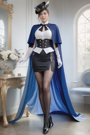 1girl, white gloves, tricorne, black pantyhose, pencil skirt, black jacket, fold-over boots, ascot, thigh strap, white shirt, underbust, blue cape, photo_b00ste, raw photo, award-winning, full body shot, hypearealistic, vogue cover, concept art style, ethereal glamorous face with translucent skin texture accentuating the youthfulness, clorinde \(genshin impact\)