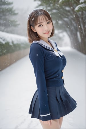 An snapshot depicting a busty young girl in a snowing day. a 17-years-old ethereal breathtakingly glamorous japanese girl, wearing exquisite sailor suit, high school uniform, miniskirt, pantyhose, A breathtakingly beautiful face emanating youthfulness, pearlescent blush, translucent skin texture. Perfect model body with large breast, beautiful long legs, emanating sexual attractivness. (viewed from side):1.24, Side shot, award-winning photo, best quality, high definition 8k, flirty expression, smiling calmly, depth of view, hyperrealistic, raw photo,  focus on face, photo_b00ster, Eimi, a lovely girlfriend