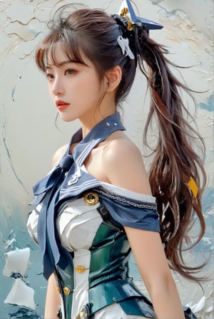an ethereal and breathtakingly glamorous korean girl, high ponytail, long hair, mechanical combat suit with sailor suit collar, necktie, off-shoulder, sleeveless, bright eyes, expressive eyes, beautiful long legs, close-up, perfect busty model body, masterpiece, best quality, official art, Impasto art style, art_booster