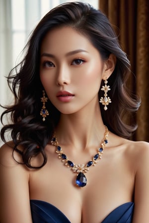 A photography of jewelry advertising photography, in which a japanese girl adorned with a necklace. She is wearing an elegant [train|gown] accentuating her perfect model body and busty breasts. The appearance is based on a 17-years-old ethereal breathtakingly beautiful japanese idol, with an ethereal beautiful face having v-shaped jawline, bright eyes, almond-shaped eyes, porcelain skin tone and translucent skin texture, black long hair cascading down to her chest. Youthful face elevates her beauty to the beyond words level. With the center of the necklace is an egg-size sapphire set off with diamond, the necklace is made of gol designed in rococo style, and it is a gift from an extremely wealthy royal family. hyperrealistic, award-winning photography, medium shot, raw photo, fujifilm velvia, vogue cover.