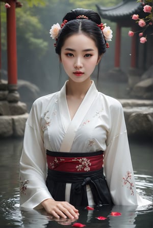 foggy wonderland theme, look away from camera, perfect v-shaped face, hyperrealistic:1.33, a young spirit, a 15-years-old astonishingly gorgeous concubine swimming ((in a hot spring):1.4), dressed in white ((soaking wet hanfu):1.3), intricated black embroidery in exquisite pattern, (ethereal glamorous beautiful face):1.2, long hair, perfect model body, slender body, smiles captatively, (bright eyes):1.5, (profound facial features):1.32, translucent appearance, Chinese girl, concept art style, (surrounded by rose petals):1.4, (her tight clothing highlight her plump bust):1.6