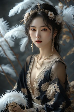 award-winning photography, medium shot, front view, hyperrealistic, personification of black rose, an 17-years-old ethereal gorgeous japanese idol, attire made of white-light feather, ethereal glamorous beautiful face, porcelain skin, detailed face, perfect v-shaped face, prominent facial features, sparkling almond eyes, black eye pupils, intricate eye makeup, (smiles captatively):1.45, attractive body, big breasts, perfect model body, Rembrandt lighting, japanese art, japanese style, translucent appearance, Gold Edged Black Rose