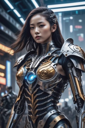 epic cyberpunk battle field theme, medium shot with low view angle, ultra-wide-angle-lens, award-winning photography, hyperrealistic, a 15-years-old breathtakingly beautiful korean girl, ethereal glamorous face, external skeleton mechanical armor, heavy armor, champion of the galaxy, equipped blast gun, in a xeno battle field, nulear fusion reactor in the chest, aging treatment on the image, cyborg style