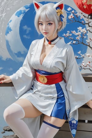 Kaga, short white hair, breast, blue eyes, animal ear, red eyeliner, choker, (([classic white miko kimono|dress skirt])), metallic obi, cowboy shot/(viewed from above, looking up at viewer), drinking tea. A 17-years-old ethereal and breathtakingly glamorous japanese idol, mesmerizing beautiful face, perfect busty model body and beautiful long legs, white stockings. masterpiece, best quality, official art, impasto art style, art_booster