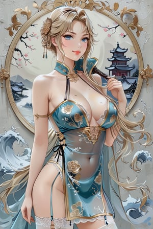 cowboy shot, viewed from side, 1girl, KronQipao, blonde hair, long hair, blue eyes, see-through, golden trim, china dress, pelvic curtain, lace pantie, thighhighs, garter strap, looking at viewer with sultry expression, seductive and calm smile, masterpiece, best quality, official art, high resolution, award-winning, photorealisitc, her perfect busty model body accentuating irresistible sexual attractiveness, beauty & aesthetic, perfect face, detail face, a classic oil painting, a background with classic german culture