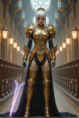 A professional cinematic photography of a breathtakingly beautiful japanese girl cosplaying Adeptus Custodes from Warhammer 40k. The golden exoskeleton power armor is magnificently ornate and intricate and delicately crafted. The lower part of the power armor is a golden high slit skirt inscribed with glowing sacred inscription, revealing her beautiful thigh adorned with black stockings. The armor reflects the metallic texture and the ultimate craftmanship of the human empire. She holds a golden spear, covered with a layer of energy which is barely visible purple, with the tip emitting blue electricity and lightening.  She has an ulzzang appearance with light skin tone and lustry skin texture, accentuating her youthful face. Her hair is white with a hairstyle composed of high ponytail and bangs. She is standing in middle of a cathedral decorated with imperium aquila, bathed in the light casting from the top of the dome. The scene reflects a sacred and serene atmosphere. Enhanced all, FuturEvoLabArmor