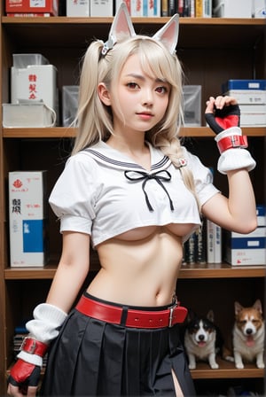 1girl, 1 cute japanese girl, femine, yuudachi, red eyes, thick eyebrow, white hair, long hair, two side up, braid, hair ornament, dog ears, dog tail, white shirt, puffy short sleeves, black serafuku, crop top, underboob, midriff, fingerless gloves, wrists cuffs, two-tone gloves, black skirt, side slit, red belt, waist tattoo, loose socks, white socks, score_9, score_8_up, score_7_up, source_photo, source_anime, photography, realistic, hyperrealistic, ultrarealistic, ulzzang, absurdres, depth of view, in a bookstore