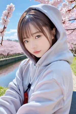 award-winning photography, medium shot with low angle, ichika, ichika straddling pose, ichika wears hoodie, sakura_blossoms, beautiful spring, picnik 
