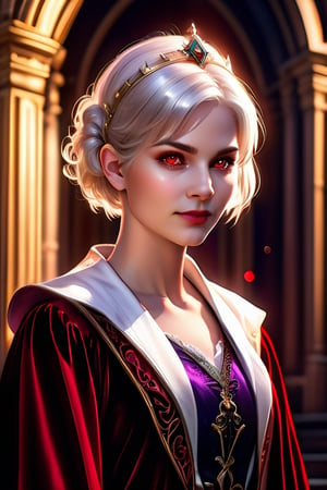 masterpiece, high definition, (photorealistic:1.2), raw photo, the most ethereal beautiful vampire princess in the diablo world, 1girl, youth face, white short hair, smiling on viewer, glowing red eyes, velvet dufflecoat attire, translucent appearance, hyperrealistic, a magical library in the world of the deceased, dramatic lighting